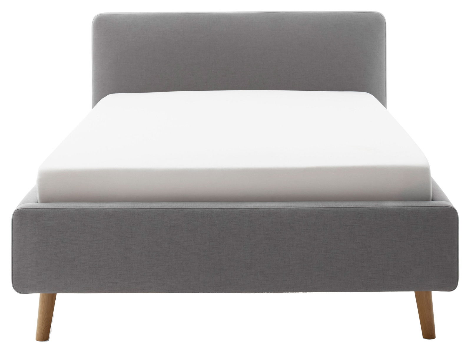 Graues Polsterbett in Frontalansicht mit Holzbeinen und schlichtem Design.