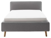 Graues Polsterbett in Frontalansicht mit Holzbeinen und schlichtem Design.