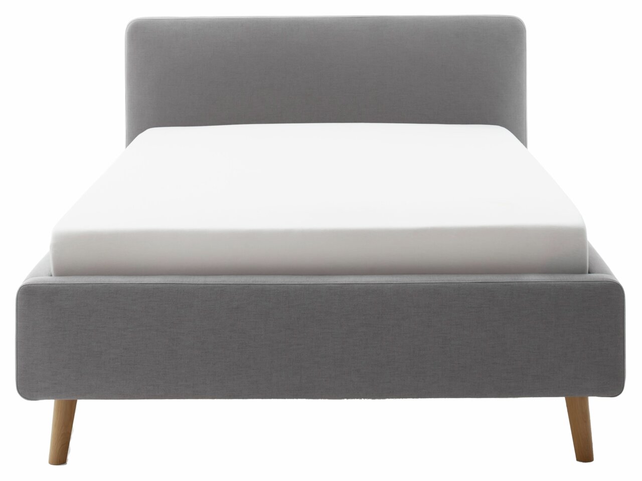 Graues Polsterbett in Frontalansicht mit Holzbeinen und schlichtem Design.