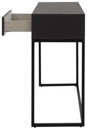 Seitenansicht einer modernen Konsole mit schwarzem Metallrahmen und einer geöffneten Schublade.
