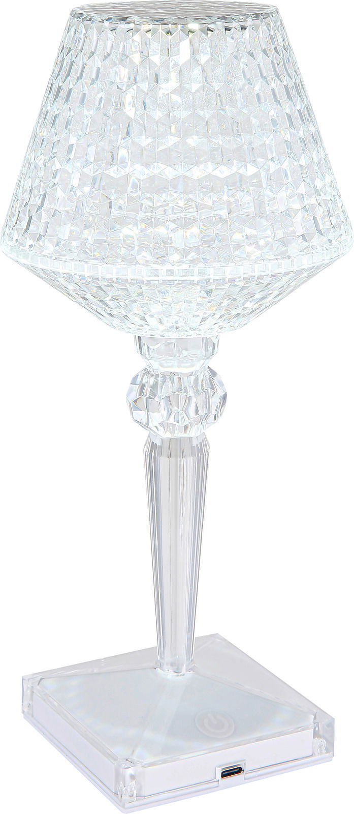 Elegante Akku-Tischleuchte aus klarem, facettiertem Material mit USB-Anschluss, seitliche Perspektive.