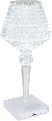 Elegante Akku-Tischleuchte aus klarem, facettiertem Material mit USB-Anschluss, seitliche Perspektive.