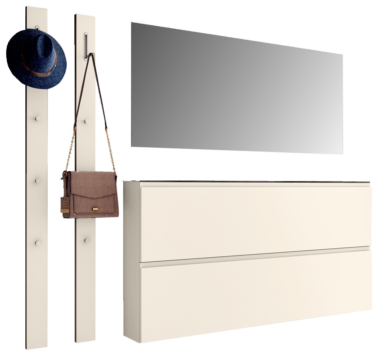 Garderobenset in cremefarben mit zwei vertikalen Paneelen mit Haken, einem rechteckigen Spiegel und einem zweitürigen Schuhschrank, frontal betrachtet.