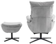 Rückansicht eines grauen Relaxsessels mit Hocker, beide mit einem modernen, gerippten Stoffbezug und schwarzen Metallfüßen.