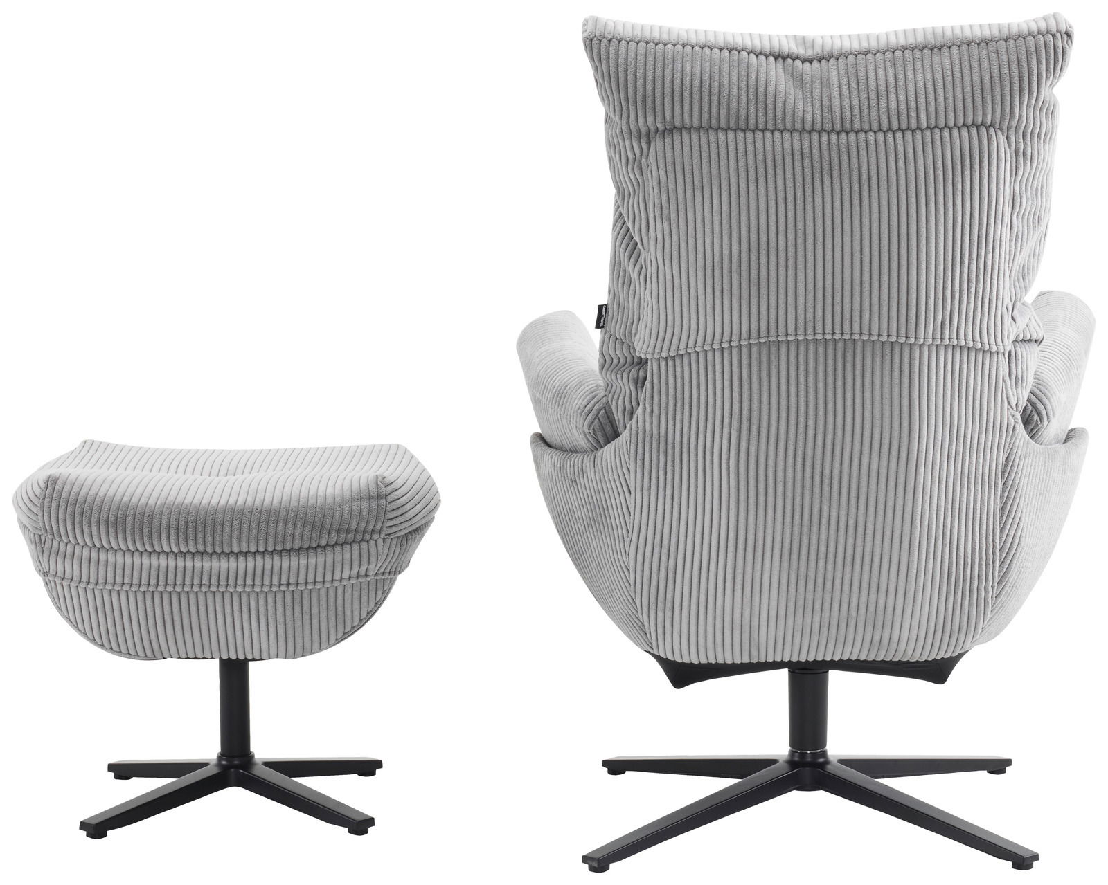Rückansicht eines grauen Relaxsessels mit Hocker, beide mit einem modernen, gerippten Stoffbezug und schwarzen Metallfüßen.