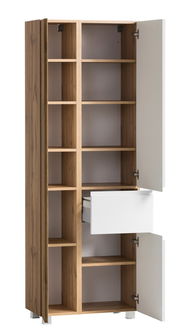 Hochschrank aus Holz mit offenen und geschlossenen Fächern, eine Schublade ist teilweise geöffnet, Perspektive von vorne.