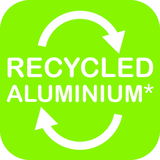 Grünes Symbol mit weißen Pfeilen und der Aufschrift 'Recycled Aluminium', Vorderansicht