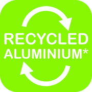 Grünes Symbol mit weißen Pfeilen und der Aufschrift 'Recycled Aluminium', Vorderansicht