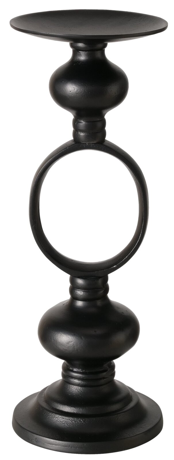 Schwarzer Kerzenleuchter Plokky aus Metall mit elegantem, rundem Design, seitliche Perspektive.