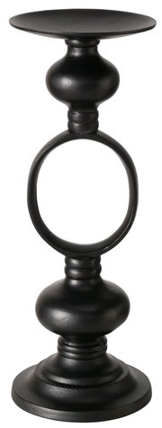 Schwarzer Kerzenleuchter Plokky aus Metall mit elegantem, rundem Design, seitliche Perspektive.