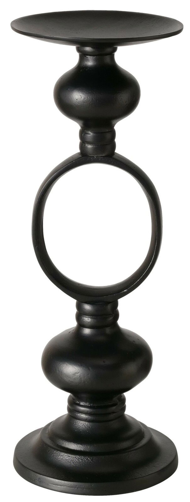 Schwarzer Kerzenleuchter Plokky aus Metall mit elegantem, rundem Design, seitliche Perspektive.