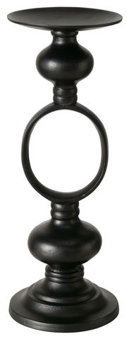 Schwarzer Kerzenleuchter Plokky aus Metall mit elegantem, rundem Design, seitliche Perspektive.