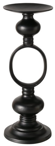 Zwarte metalen kandelaar Plokky met een elegant, rond ontwerp, gezien vanaf de zijkant.