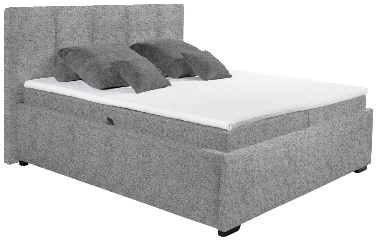 Grijs gestoffeerd bed met twee kussens, zijaanzicht