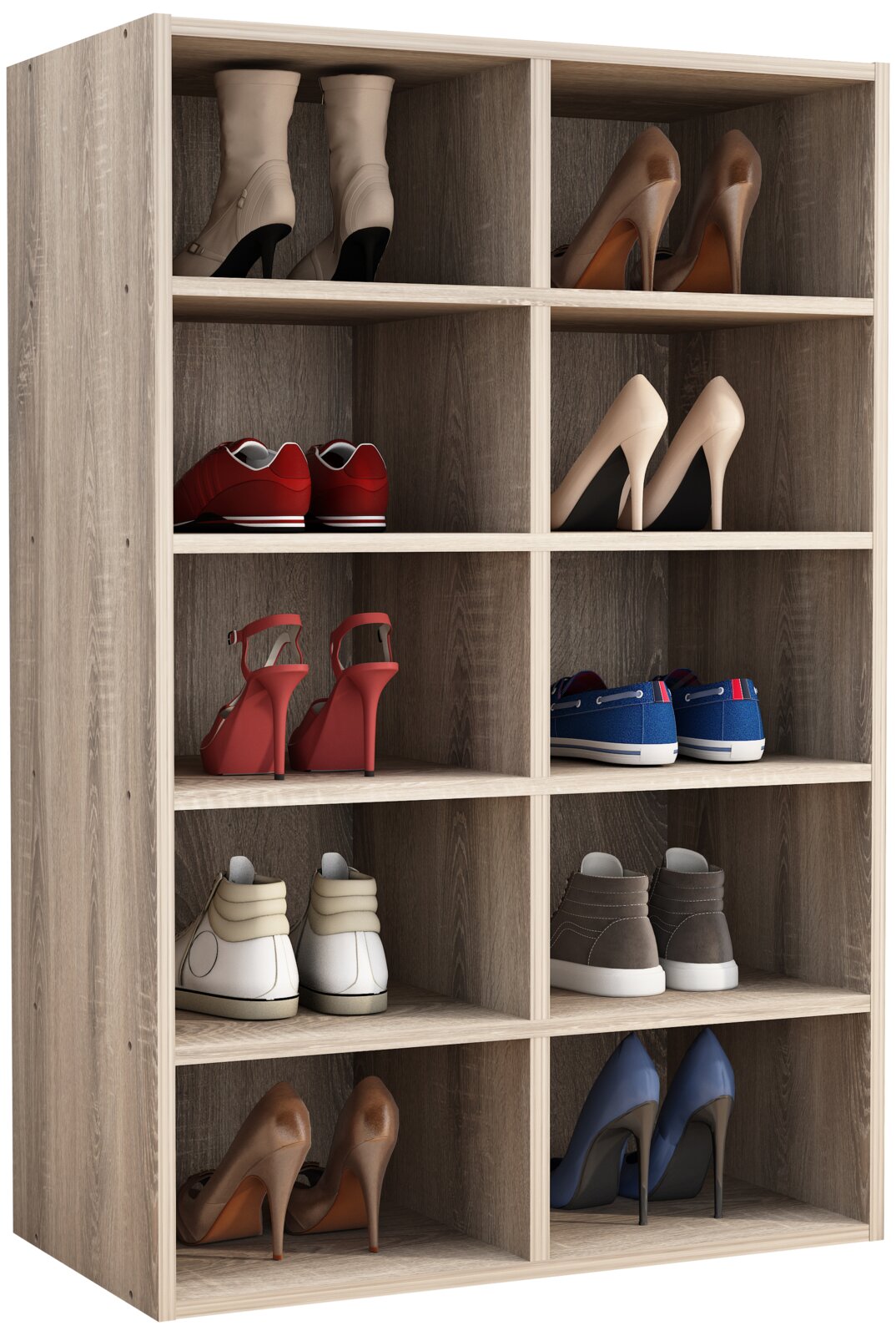 Holz-Schuhregal mit zehn Fächern, gefüllt mit verschiedenen Schuhpaaren; schräg von vorn links in leichter Perspektive fotografiert.