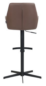 Rückansicht eines braunen Barhockers mit schwarzem Metallgestell und höhenverstellbarer Funktion.