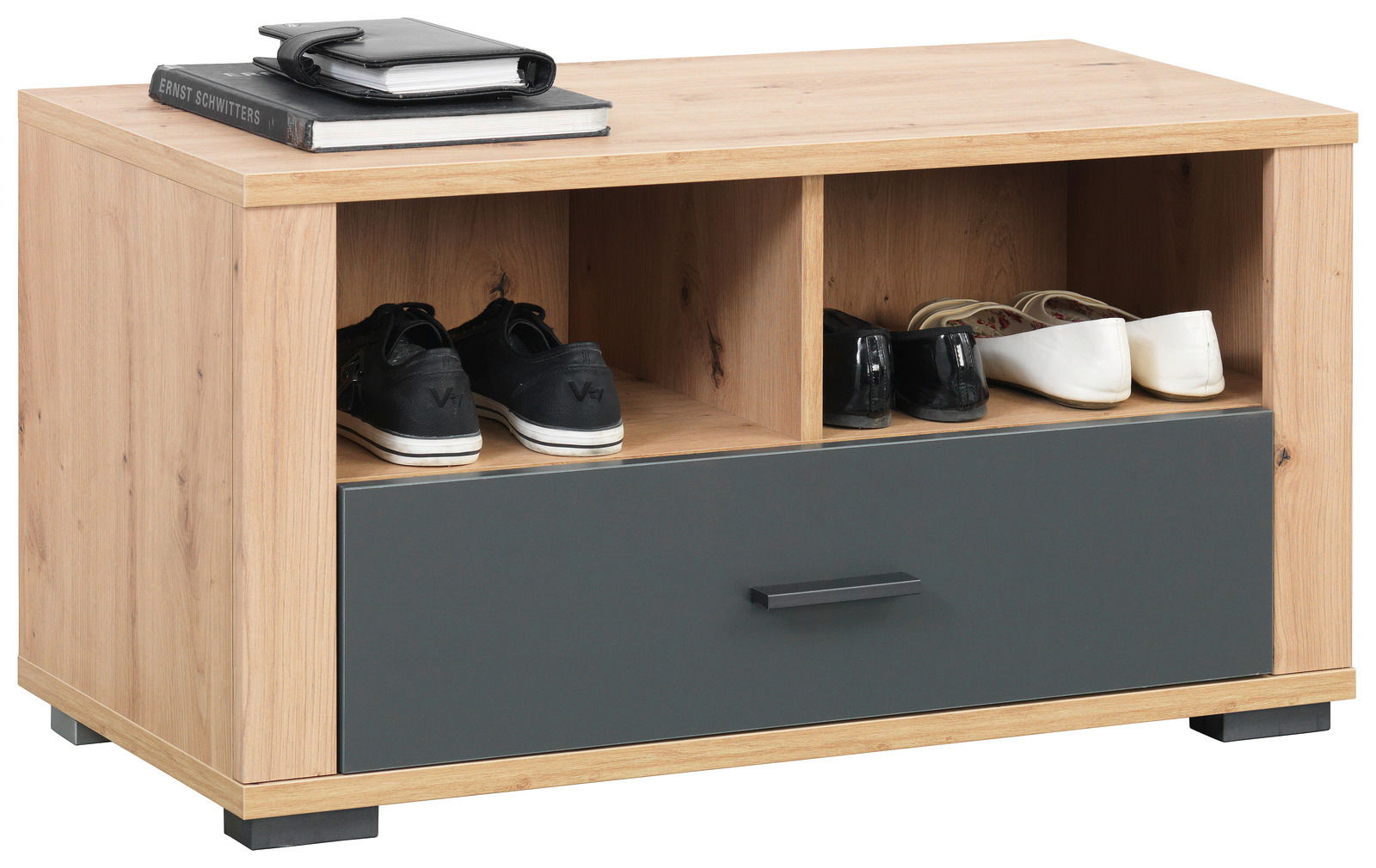 Holzbank mit Stauraum, zwei offenen Fächern für Schuhe und einer Schublade, seitliche Perspektive