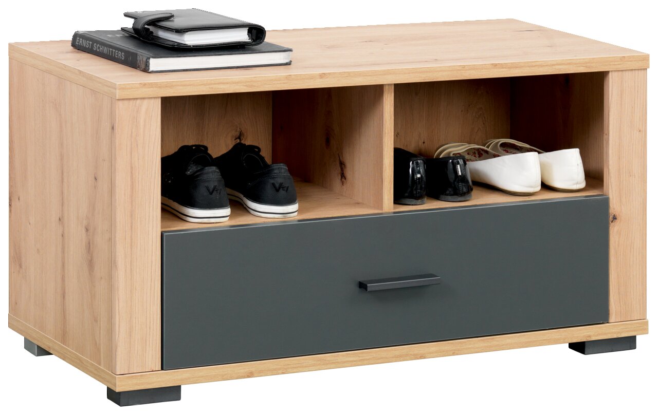 Holzbank mit Stauraum, zwei offenen Fächern für Schuhe und einer Schublade, seitliche Perspektive