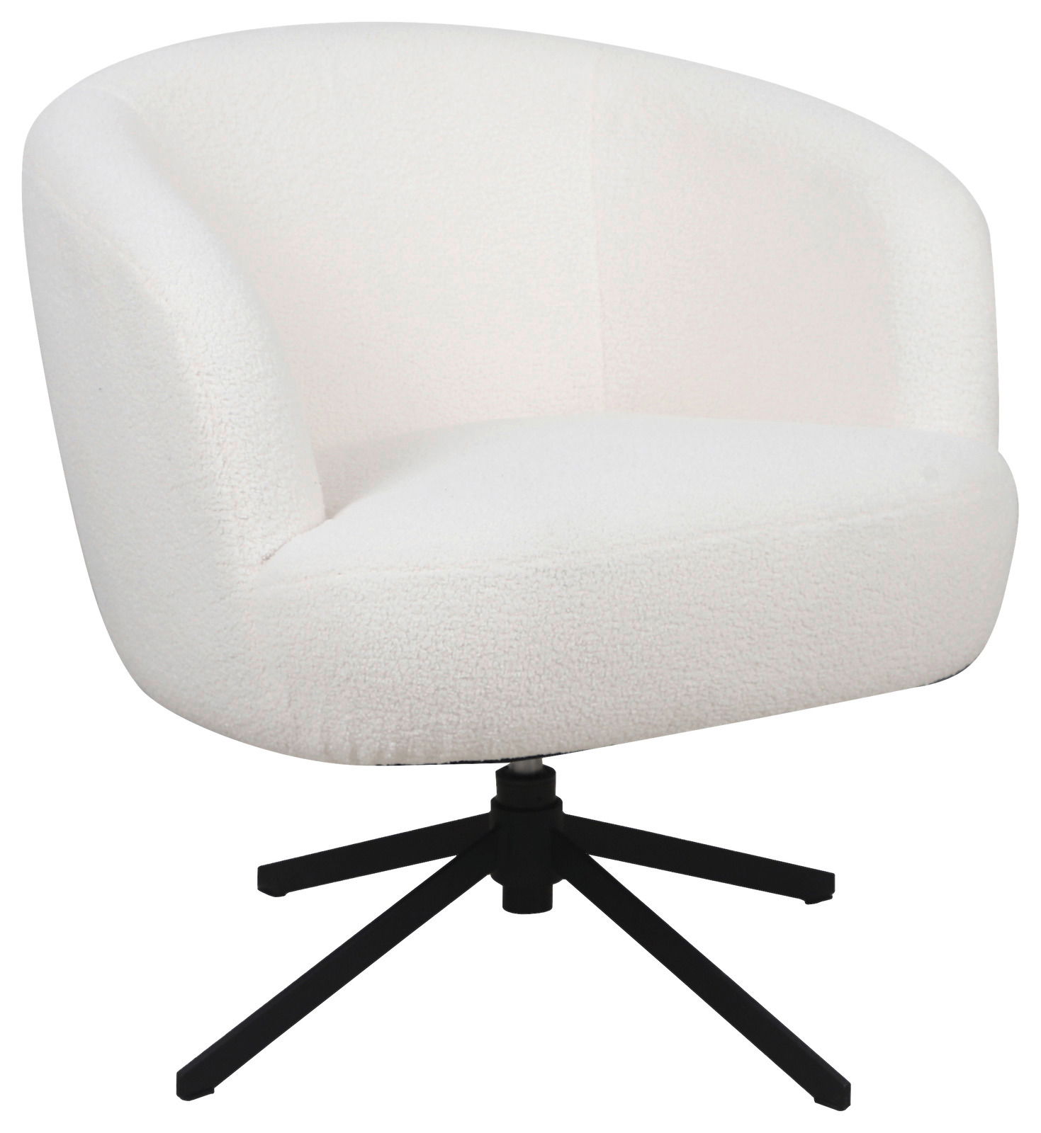 Weißer, drehbarer Sessel mit schwarzem Metallfuß, seitliche Perspektive