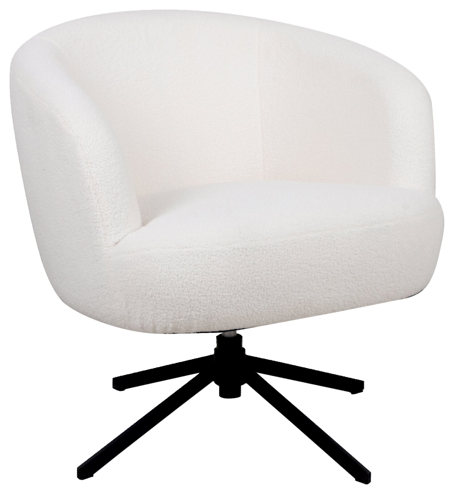 Witte, draaibare fauteuil met zwart metalen onderstel, zijaanzicht