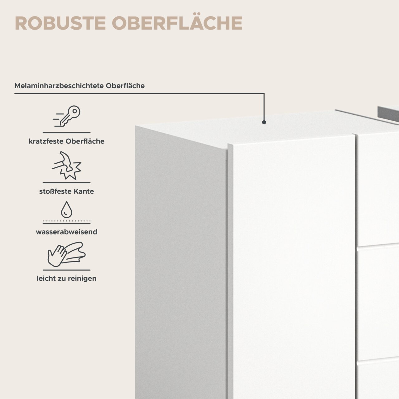 Nahaufnahme einer weißen Badkombination mit robuster, melaminharzbeschichteter Oberfläche, kratzfest, stoßfest, wasserabweisend und leicht zu reinigen.