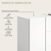 Nahaufnahme einer weißen Badkombination mit robuster, melaminharzbeschichteter Oberfläche, kratzfest, stoßfest, wasserabweisend und leicht zu reinigen.
