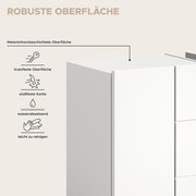 Nahaufnahme einer weißen Badkombination mit robuster, melaminharzbeschichteter Oberfläche, kratzfest, stoßfest, wasserabweisend und leicht zu reinigen.