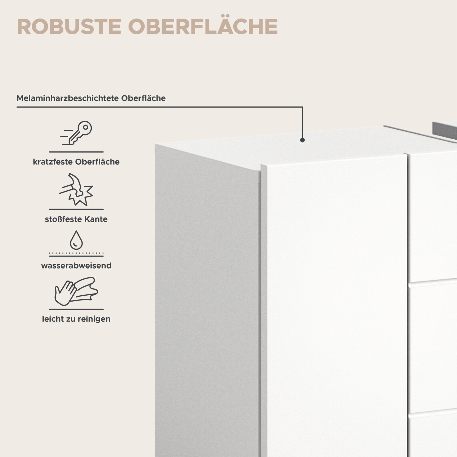 Nahaufnahme einer weißen Badkombination mit robuster, melaminharzbeschichteter Oberfläche, kratzfest, stoßfest, wasserabweisend und leicht zu reinigen.