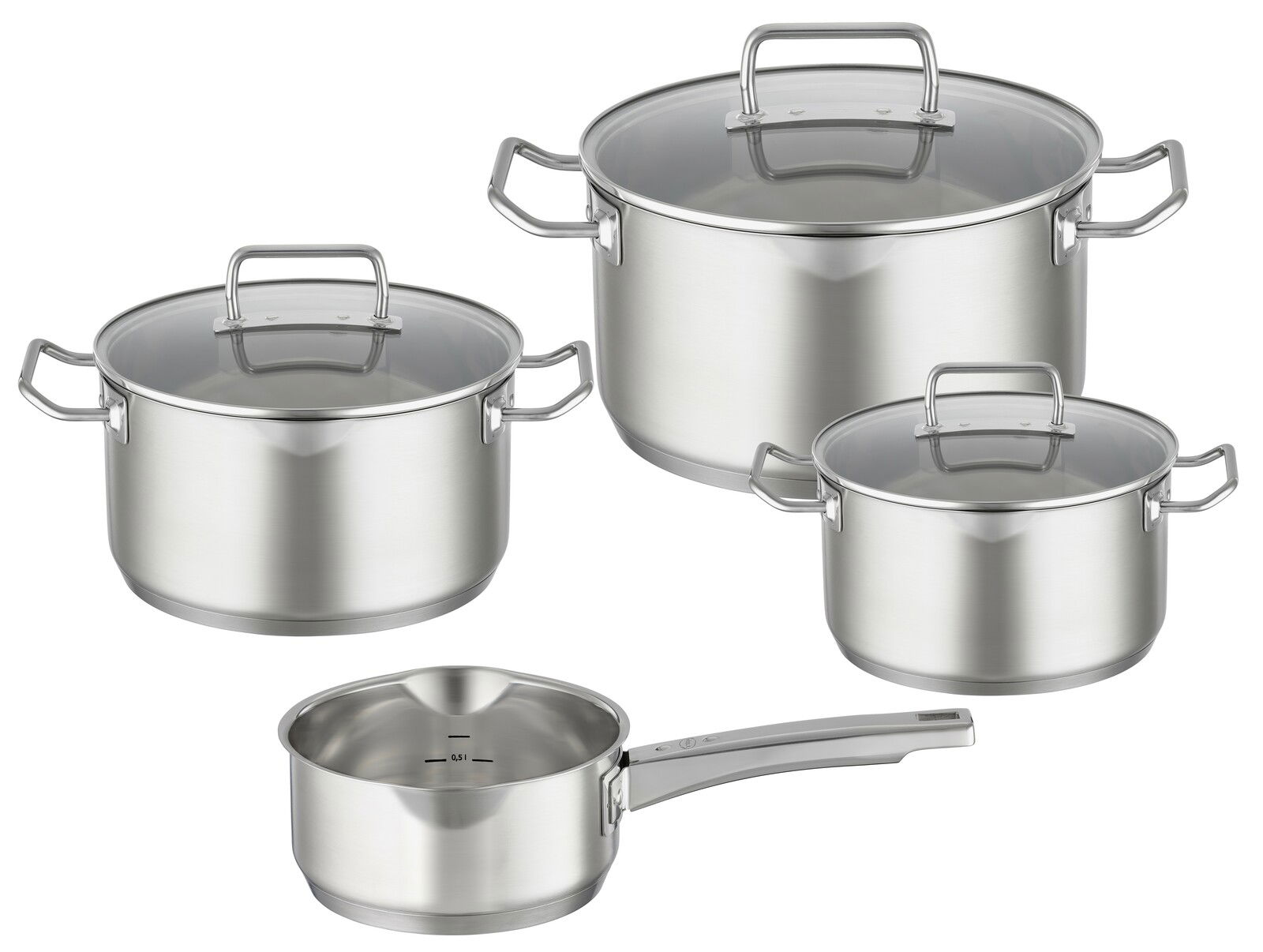 Vier-teiliges Topfset aus Edelstahl mit Glasdeckeln, bestehend aus drei Töpfen und einer Stielkasserolle, seitliche Perspektive.