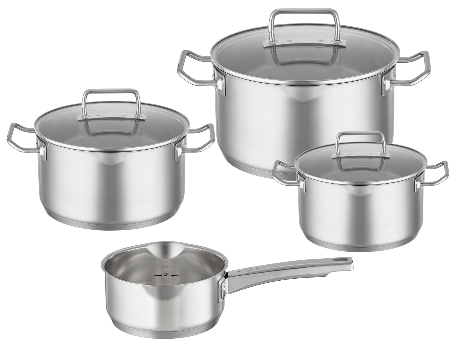 Vier-teiliges Topfset aus Edelstahl mit Glasdeckeln, bestehend aus drei Töpfen und einer Stielkasserolle, seitliche Perspektive.