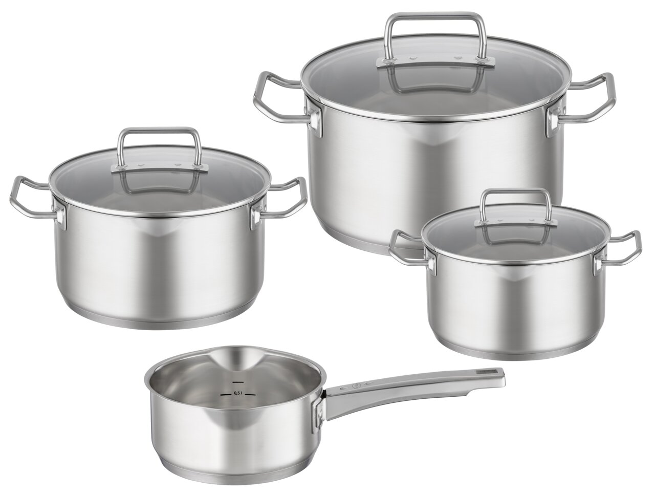 Rösle Topfset 4-tlg. EXPERTISO Vier-teiliges Topfset aus Edelstahl mit Glasdeckeln, bestehend aus drei Töpfen und einer Stielkasserolle, seitliche Perspektive.