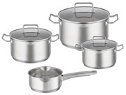 Vierdelige pannenset van roestvrij staal met glazen deksels, bestaande uit drie pannen en een steelpan, zijaanzicht.