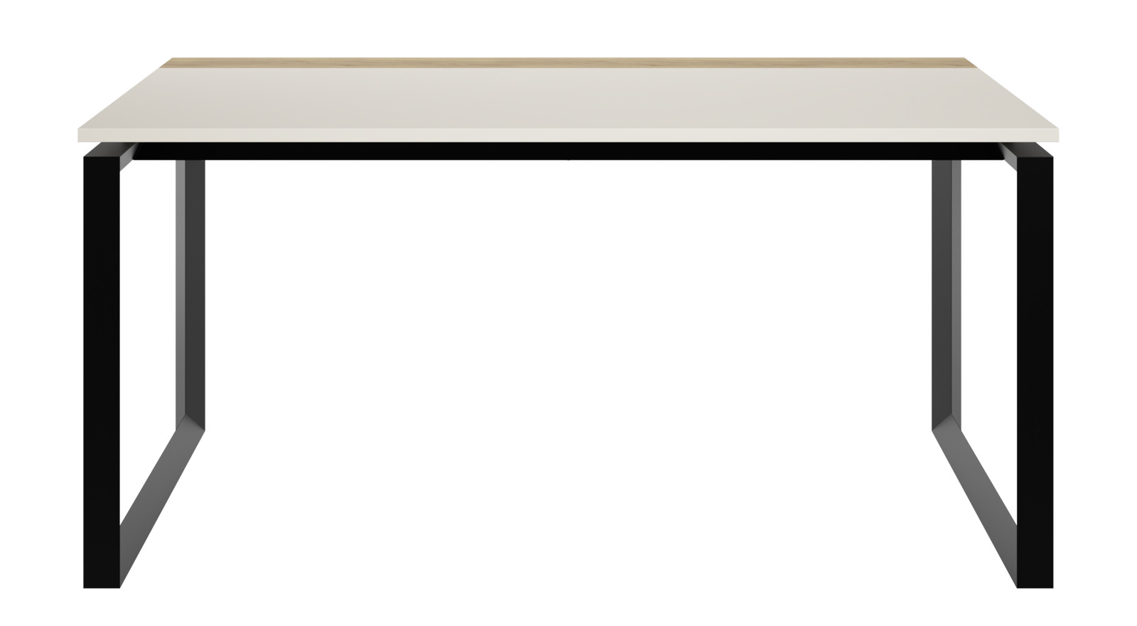 Moderner Schreibtisch mit weißer Tischplatte und schwarzen Metallbeinen, Frontalansicht.