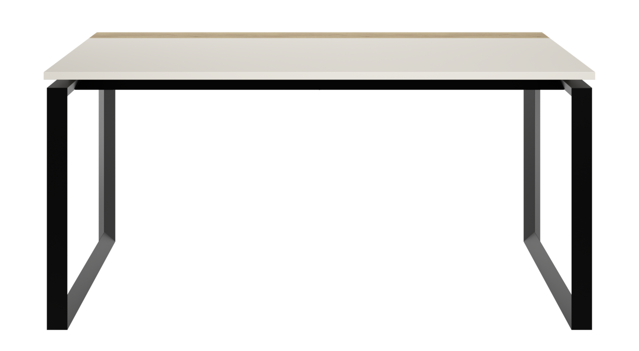 Moderner Schreibtisch mit weißer Tischplatte und schwarzen Metallbeinen, Frontalansicht.