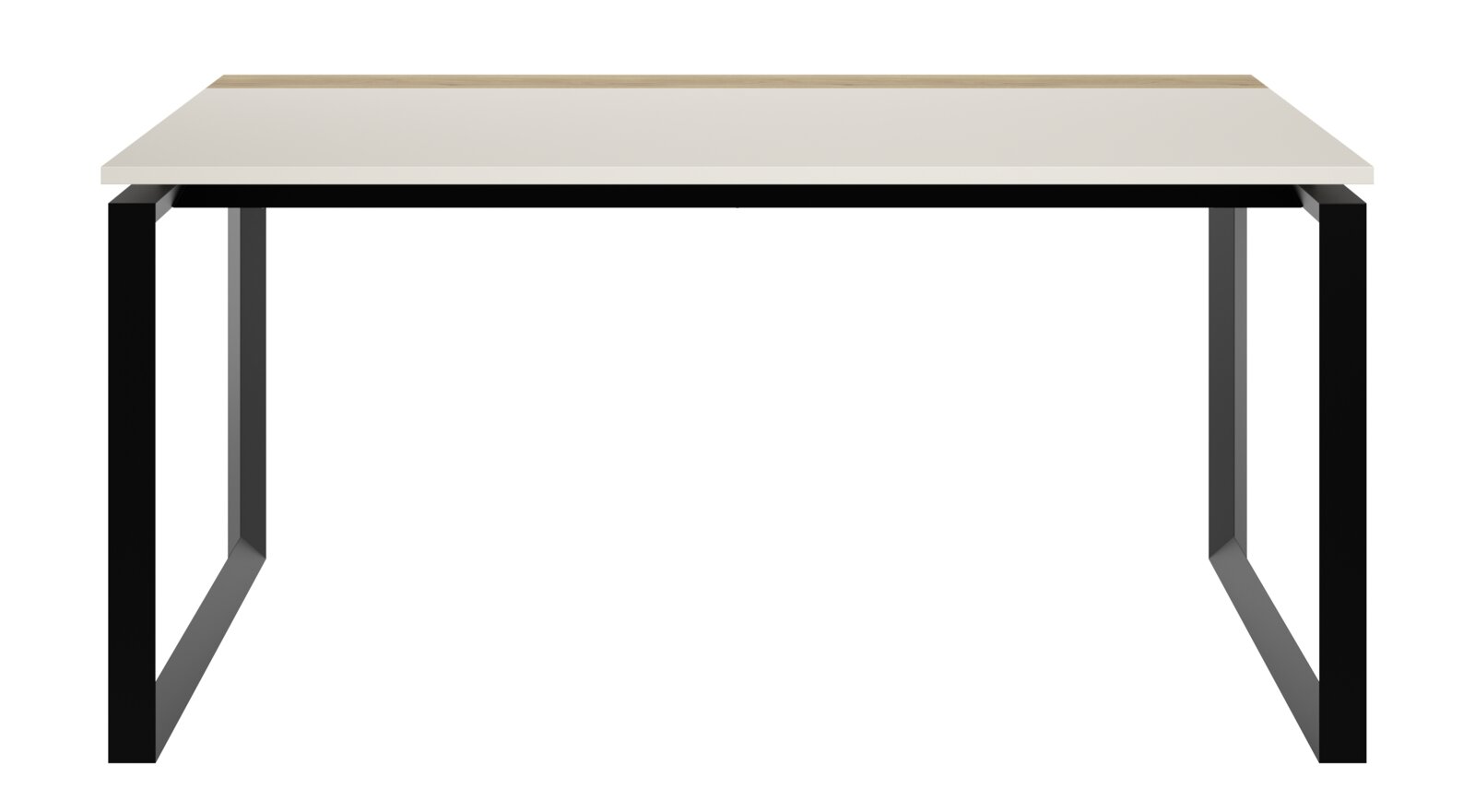 Moderner Schreibtisch mit weißer Tischplatte und schwarzen Metallbeinen, Frontalansicht.