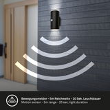 Akku-Außenwandleuchte mit Bewegungssensor, montiert an einer Wand, seitliche Perspektive