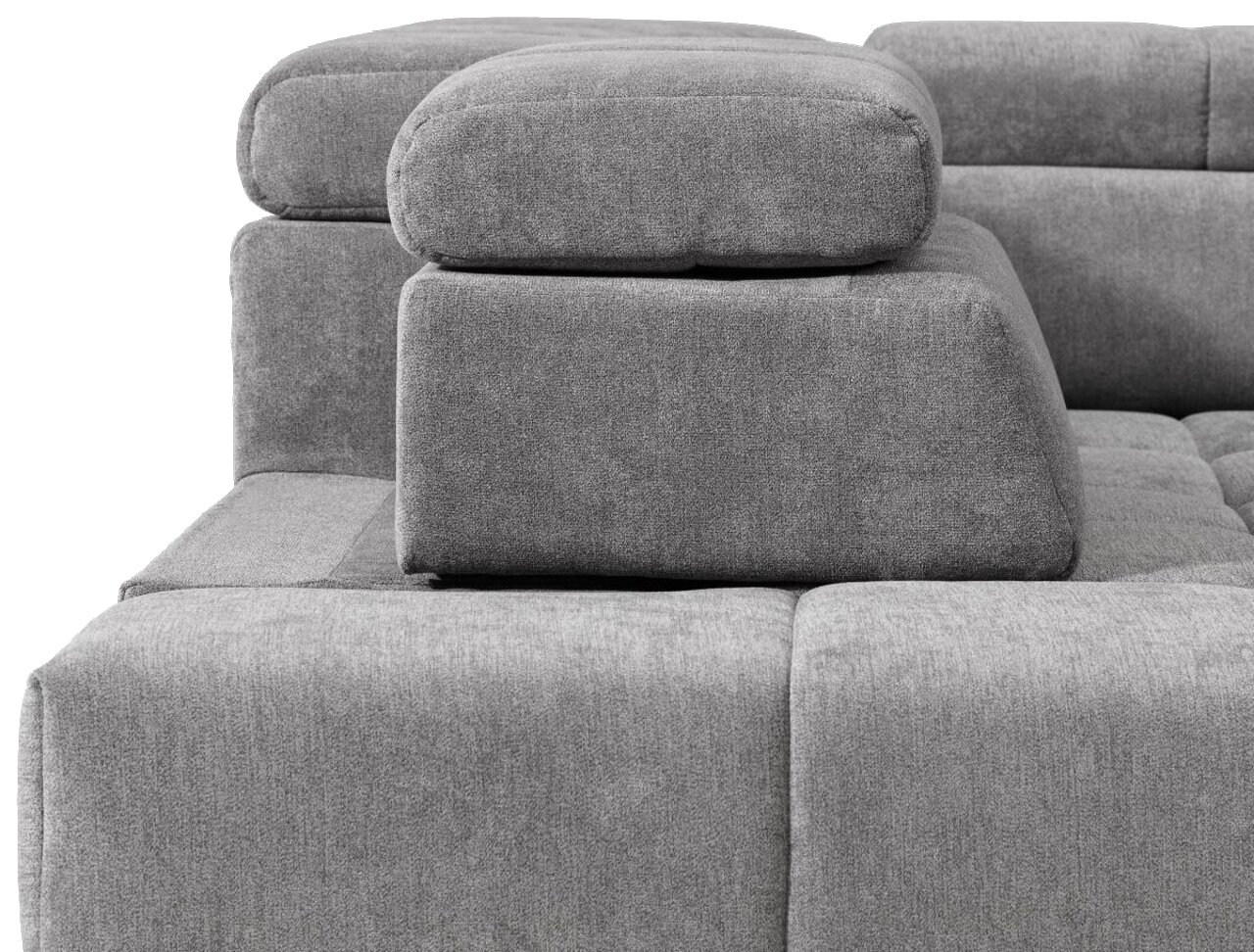 Graues Sofa mit verstellbarer Rückenlehne, Nahaufnahme von der Seite