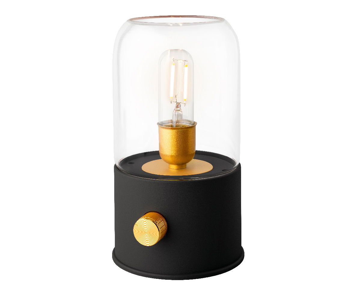 LED Lampe mit schwarzem Sockel und goldenen Akzenten, seitliche Perspektive