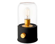 LED Lampe mit schwarzem Sockel und goldenen Akzenten, seitliche Perspektive