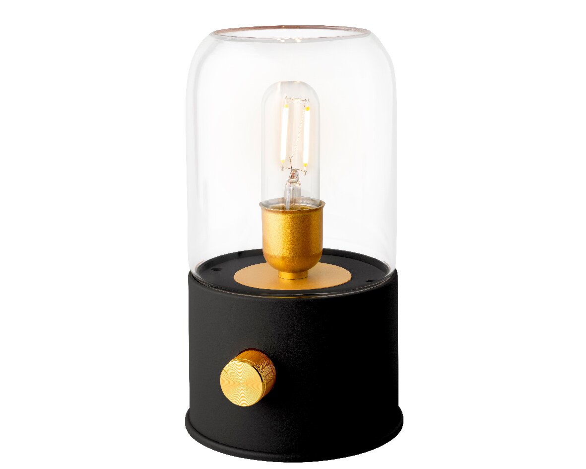 LED-lamp met zwarte voet en gouden accenten, zijaanzicht