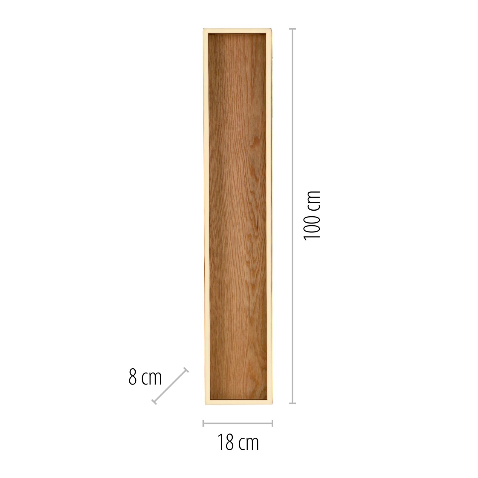 Schmale Holzbox bzw. rechteckiger Holzkasten mit Holzmaserung, ca. 100 cm hoch und 18 cm breit, in Frontalansicht von vorne auf weißem Hintergrund.