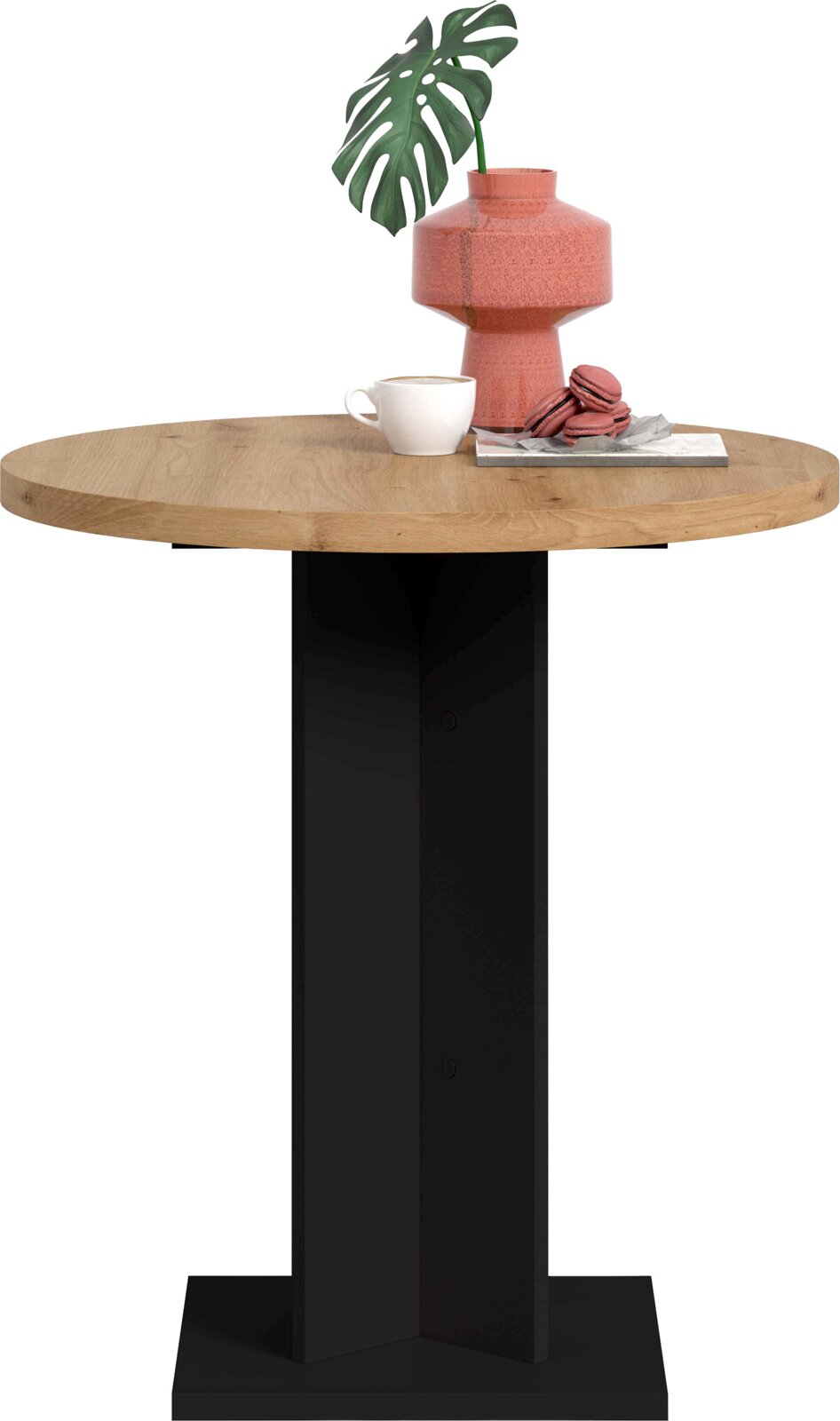 Runder Stehtisch mit heller Holzplatte und schwarzem Metallgestell, frontal in leichter Aufsicht fotografiert; dekoriert mit roter Vase, grünem Blatt, weißer Tasse und Gebäck auf einem Tablett vor weißem Hintergrund.