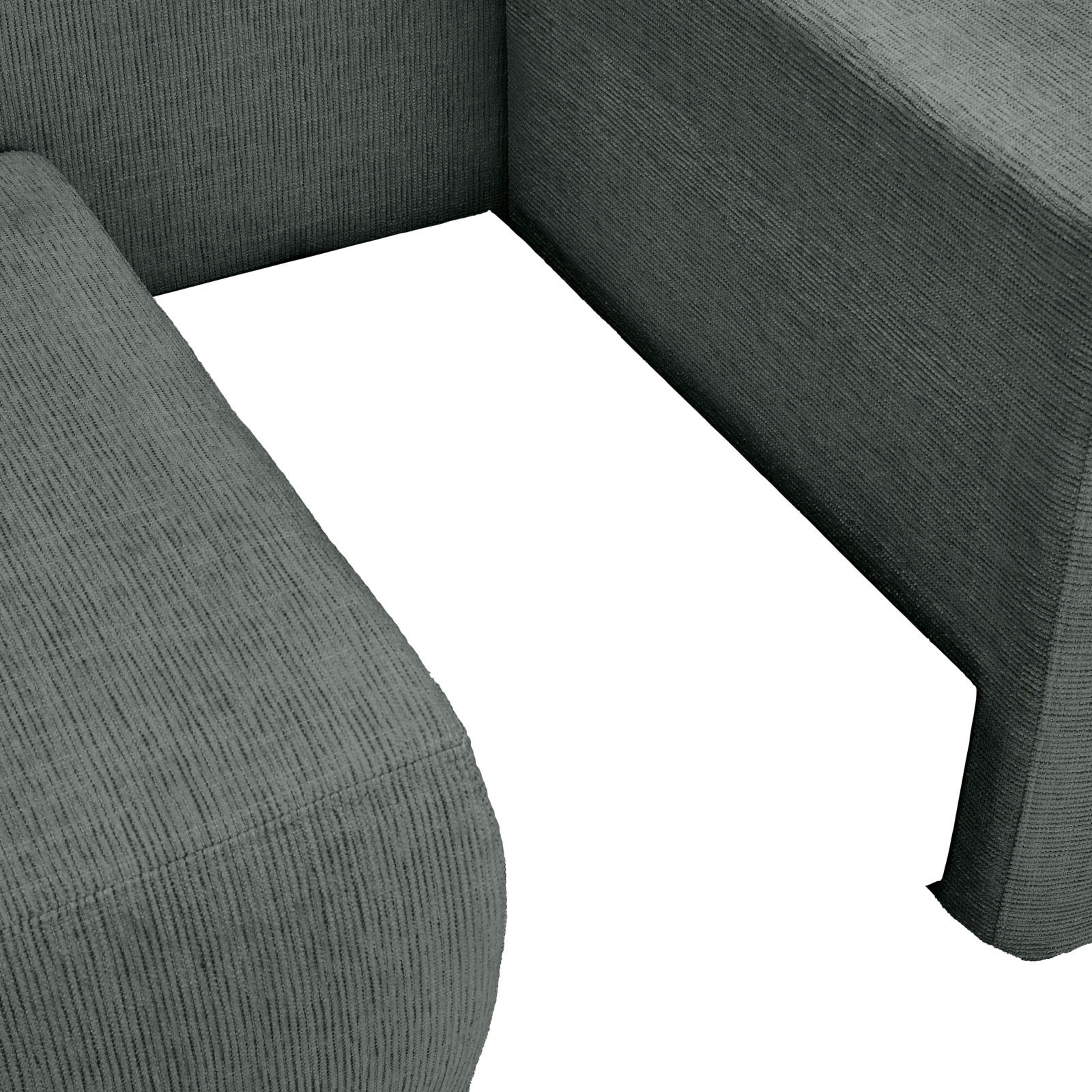 Nahaufnahme einer grauen Recamiere mit strukturiertem Stoffbezug, Blick auf die Ecke der Sitzfläche.