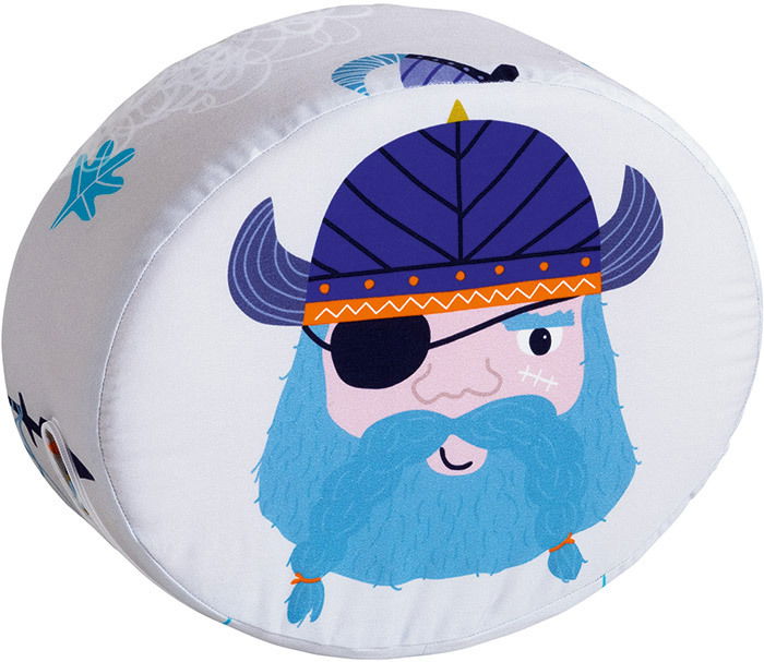 Rundes Steckkissen mit Wikinger-Motiv, seitliche Perspektive