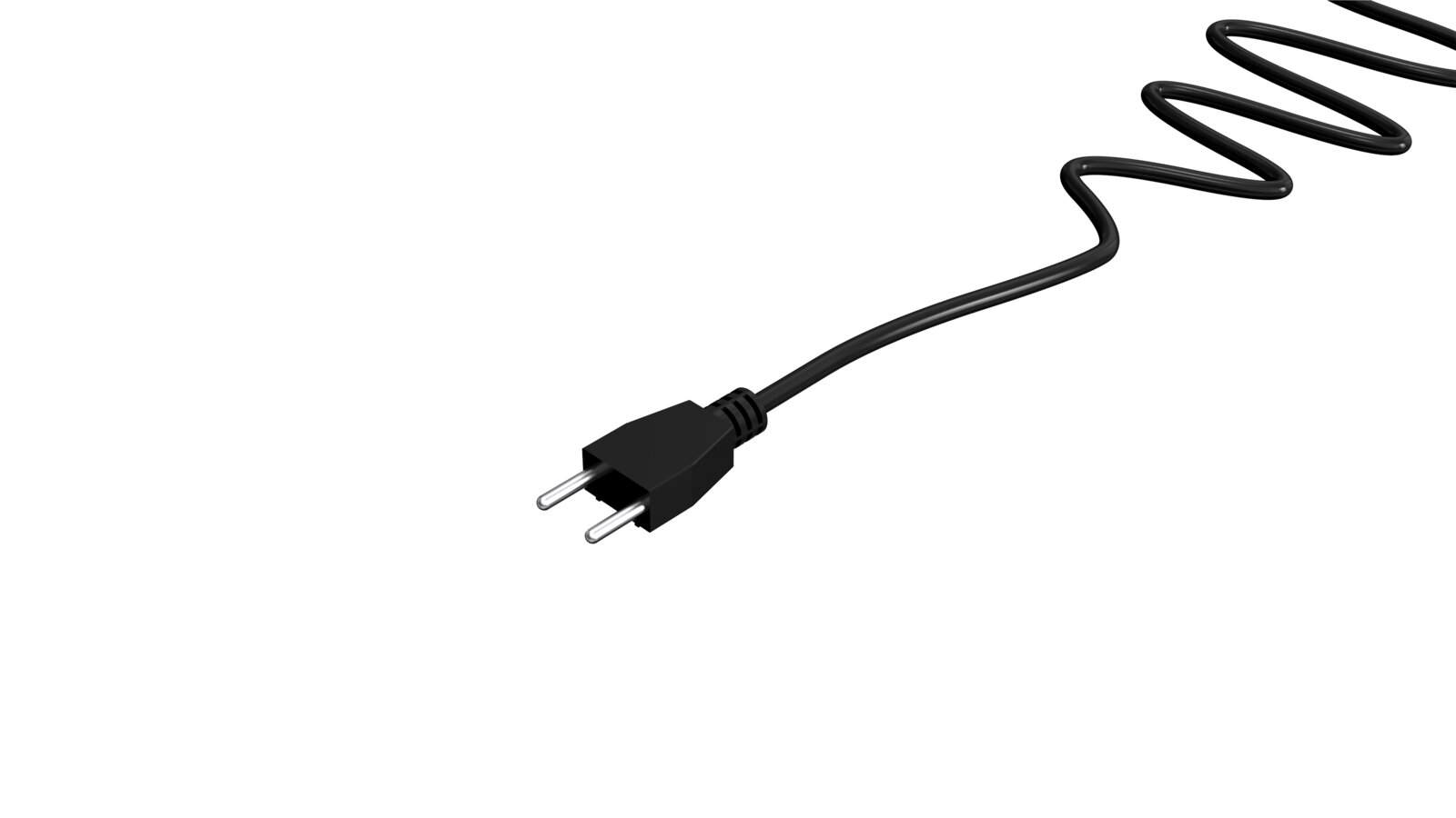 Schwarzes Netzkabel mit zweipoligem Eurostecker, schräg von vorne in Nahaufnahme auf weißem Hintergrund