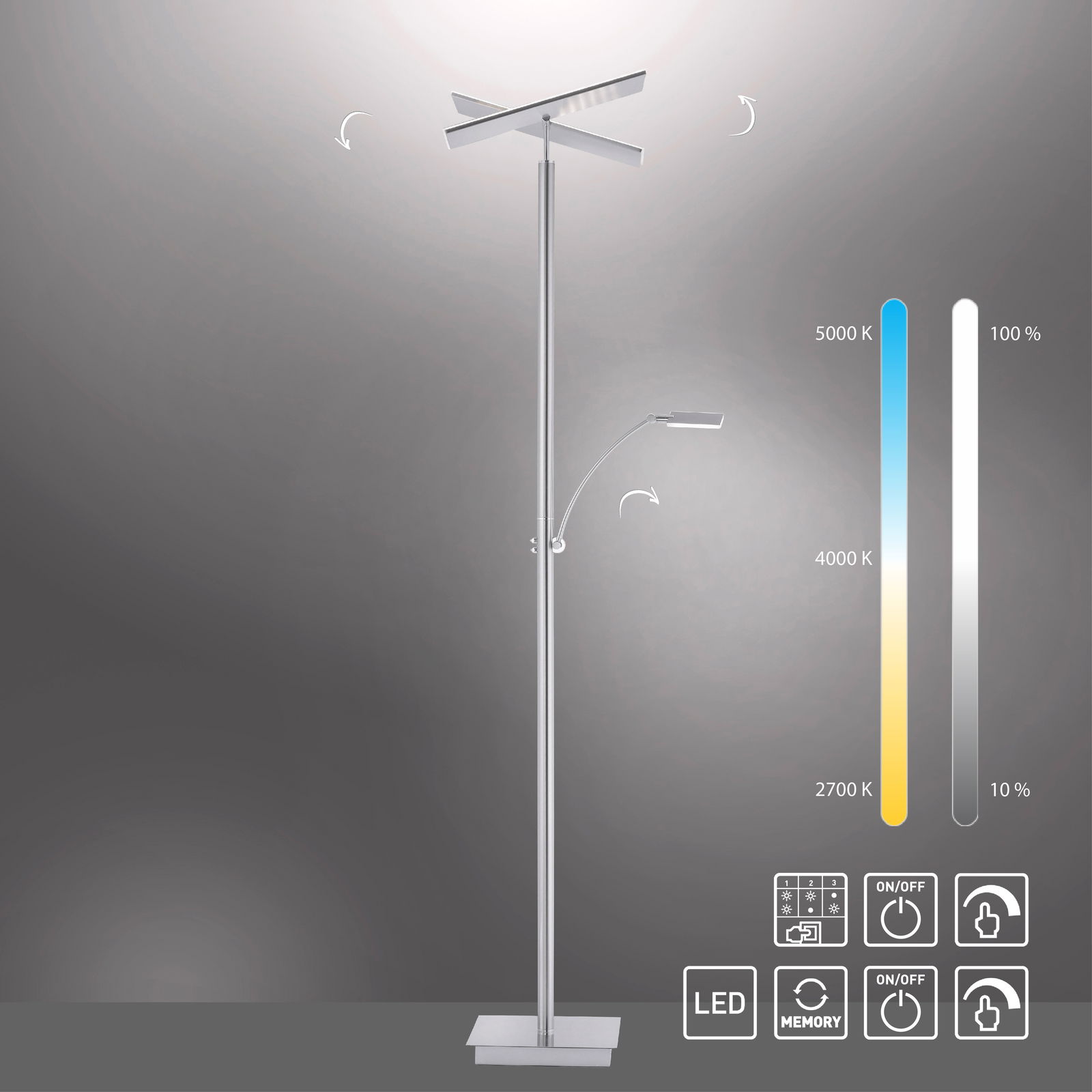 Moderne LED-Stehleuchte mit verstellbarem Lesearm, silbernes Design, frontal abgebildet, mit Farbtemperatur- und Helligkeitseinstellungen.
