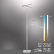 Moderne LED-Stehleuchte mit verstellbarem Lesearm, silbernes Design, frontal abgebildet, mit Farbtemperatur- und Helligkeitseinstellungen.