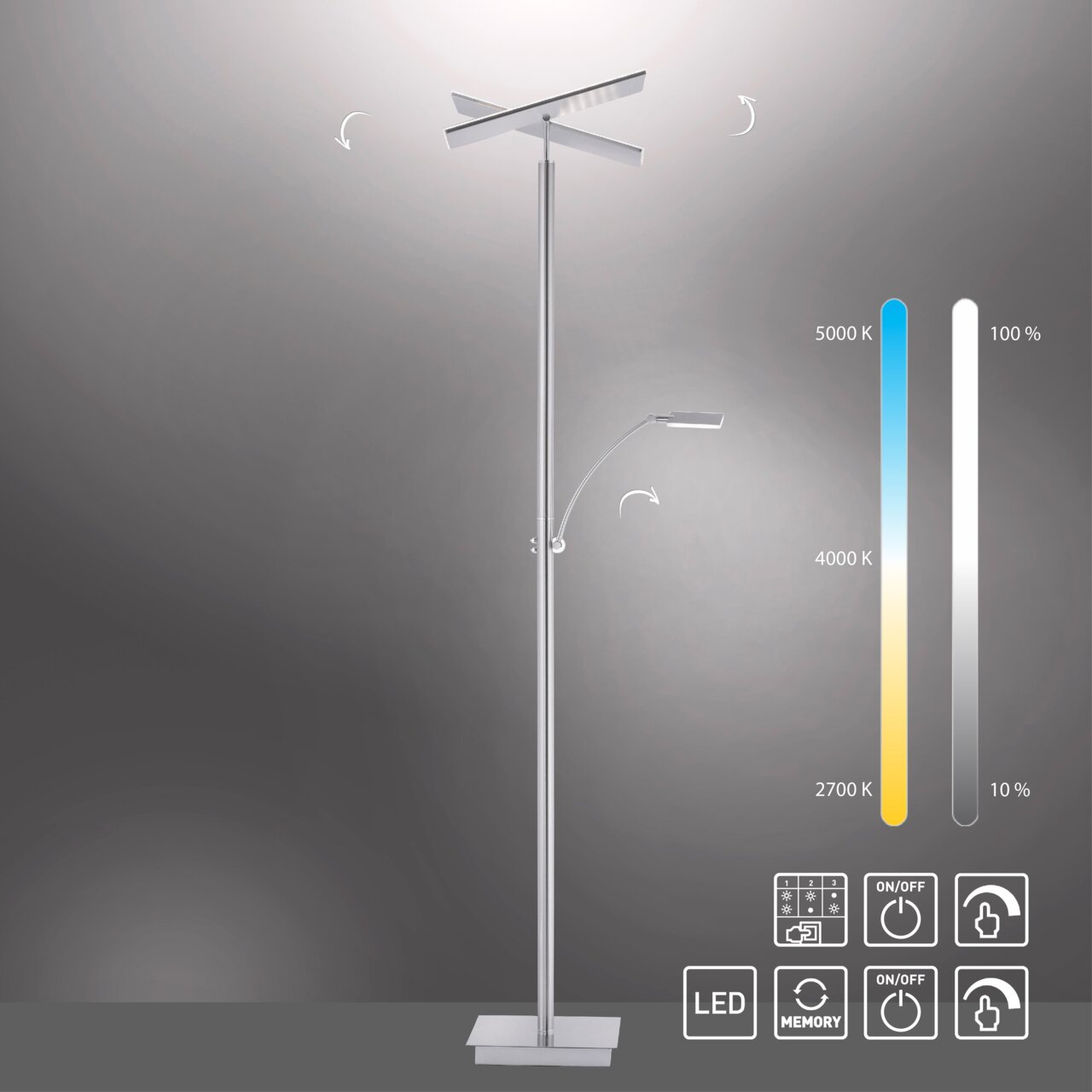 Moderne LED-Stehleuchte mit verstellbarem Lesearm, silbernes Design, frontal abgebildet, mit Farbtemperatur- und Helligkeitseinstellungen.
