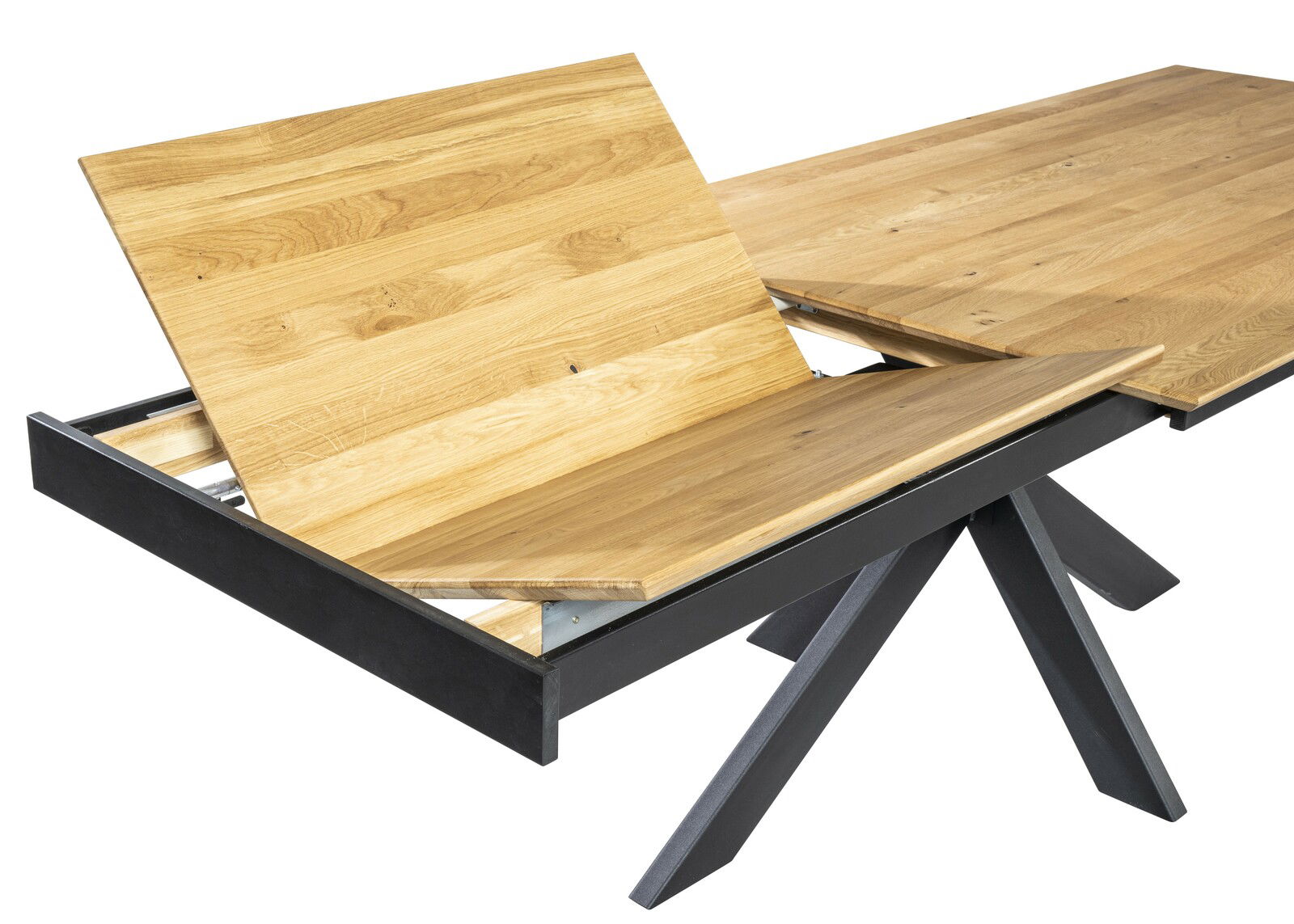 Esstisch 160x90 mit ausziehbarer Holzplatte und schwarzem Metallgestell, seitliche Perspektive