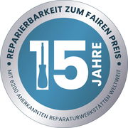 Siegel mit der Aufschrift '15 Jahre Reparierbarkeit zum fairen Preis' und einem Schraubendreher-Symbol, Vorderansicht